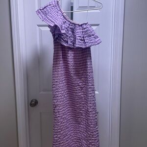 Never A Wallflower Purple Gingham One Shoulder Ruffle Dress XS